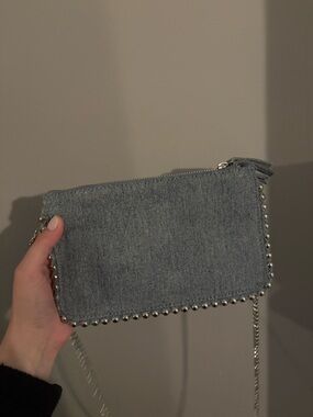 Zara Blue Denim Crossbody with Silver Chain and Studs